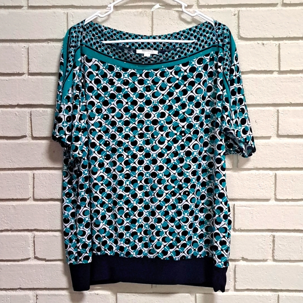 Dressbarn Navy/Aqua,Polka-Dot Silver Sequin Short Sleeve Blouse. Size 1 X